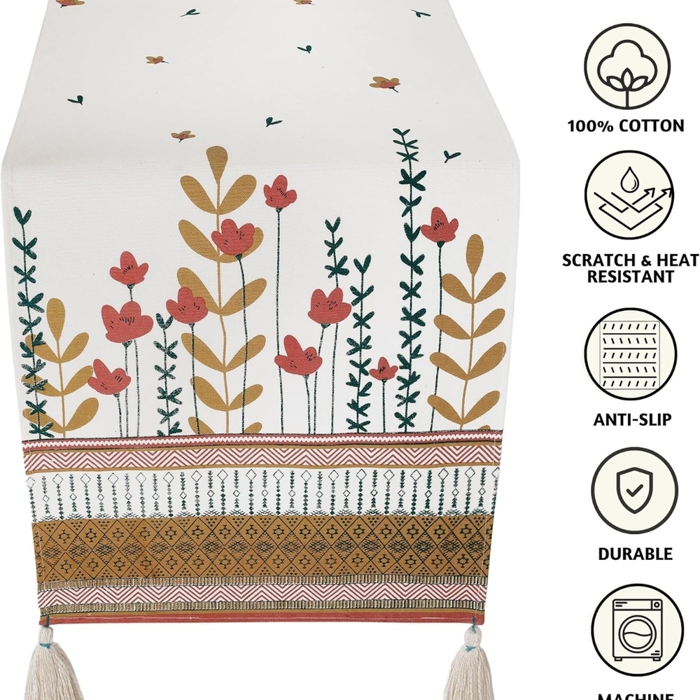 Floral Cotton Table Runner - Red and Green